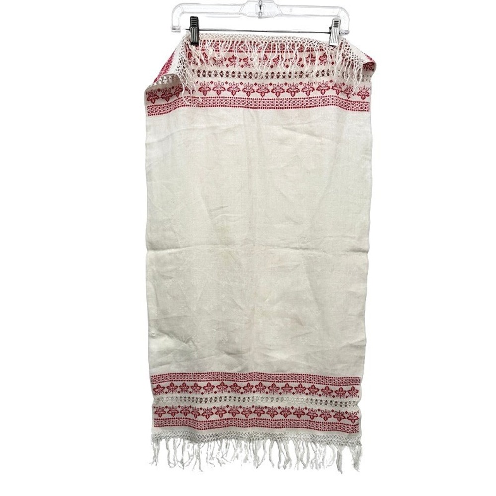 VTG Tea Towel Dresser Scarf Table Runner Red White Embroidered Fringe Boho